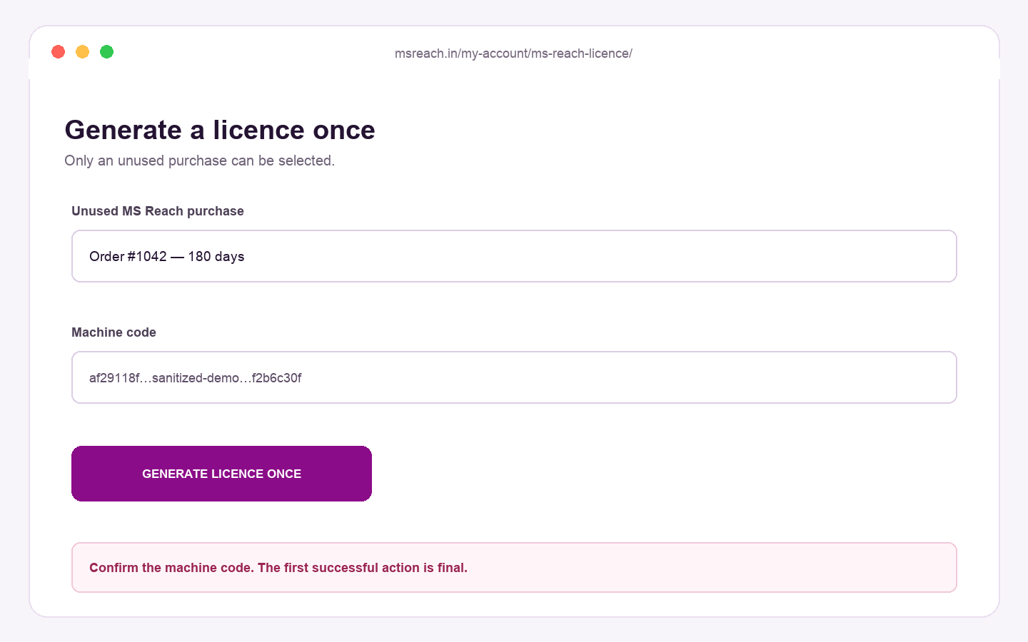 Sanitized MS Reach one-time licence generation form