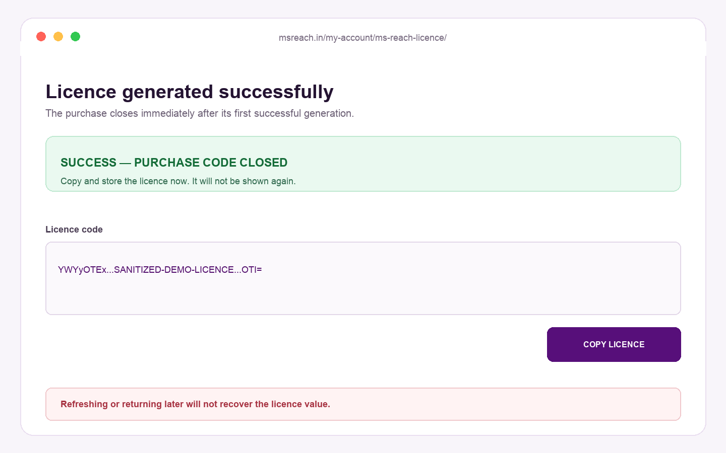 Sanitized one-time MS Reach licence result screen